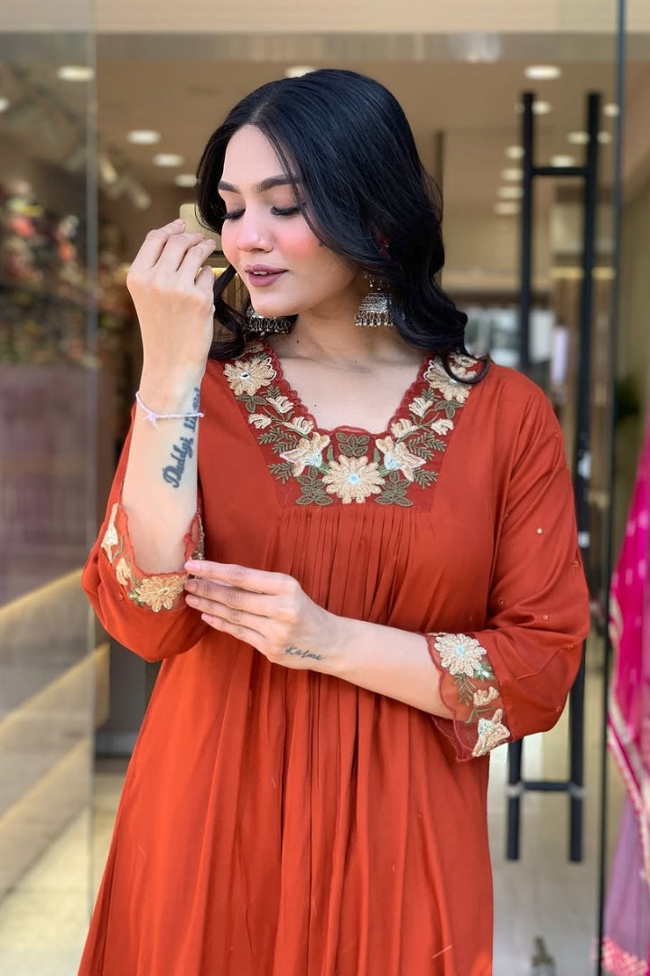 Red Cotton Straight Kurta Set for Women
