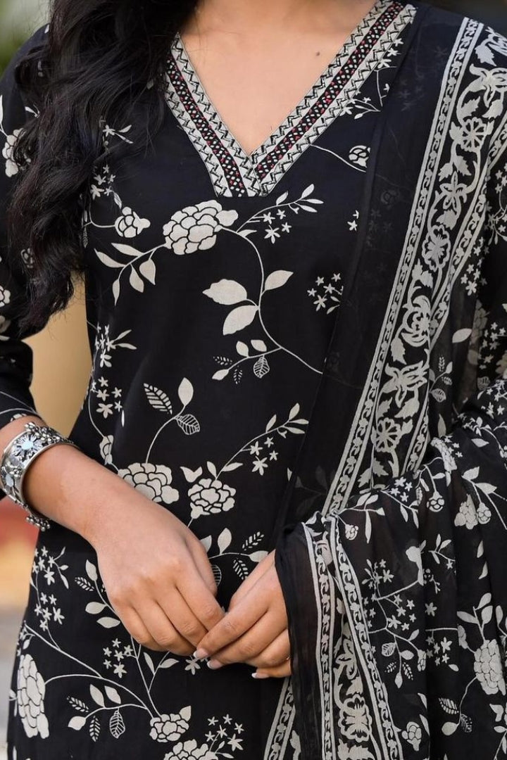 Royal Black Flower Printed Cotton Straight Kurta Set for Women