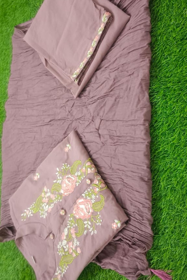 Brown Cotton Embroidered Straight Kurta Set for Women