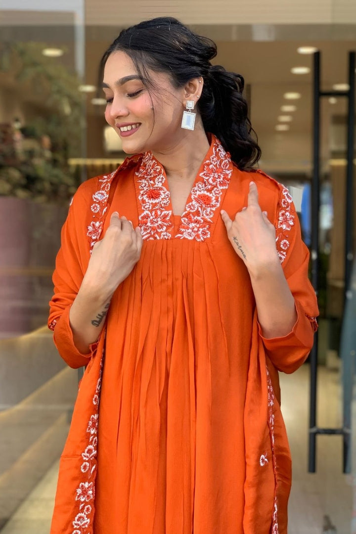 Cotton Embroidered Print Straight Kurta Set for Women