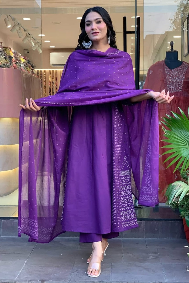 Cotton Purple Straight Kurta Set for Women