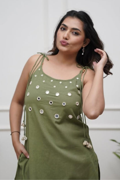 Real Mirror Work With Dori Embroidered Cotton Green Co-Ord Set For Women