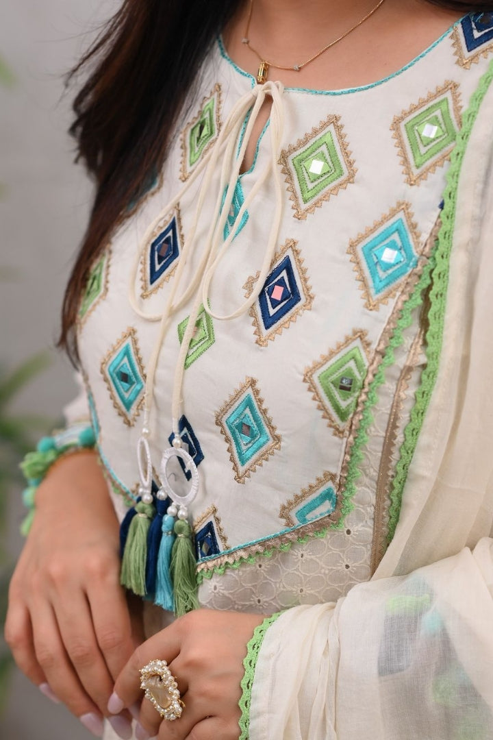 White Cotton Embroidered Straight Kurta Set for Women