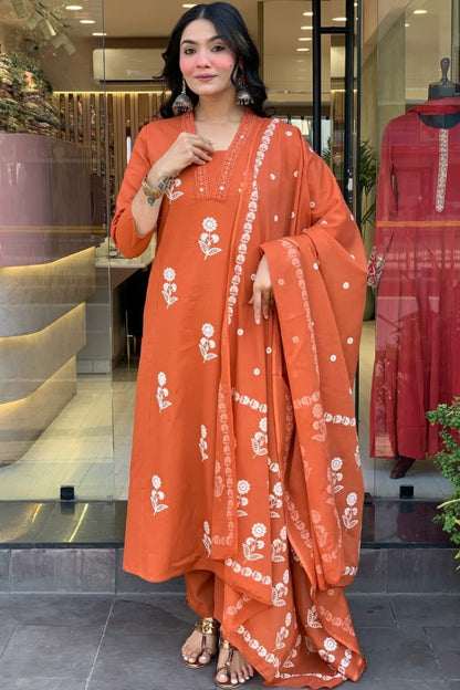 Cotton Flower Printed Straight Kurta Set for Women