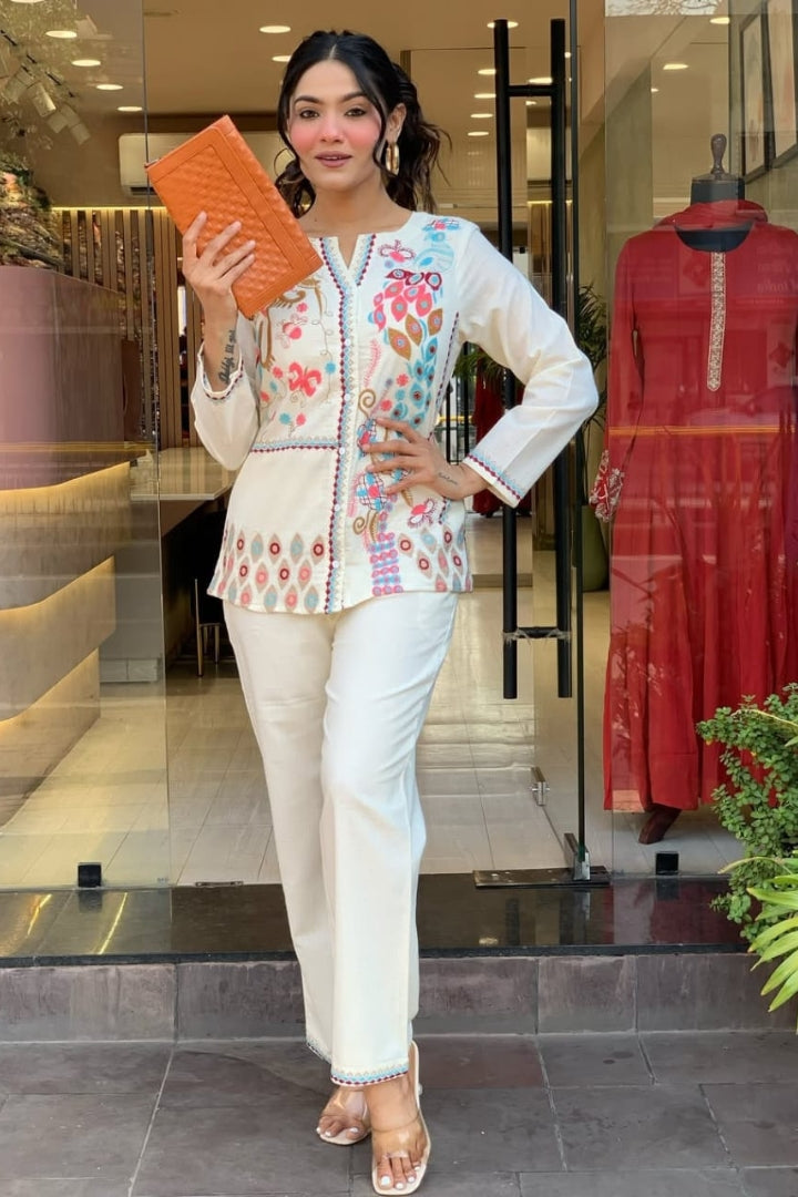Unique Floral Embroidered Cotton White Co-Ord Set For Women