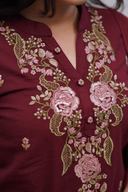Cotton Embroidered Flower Print Straight Kurta Set for Women