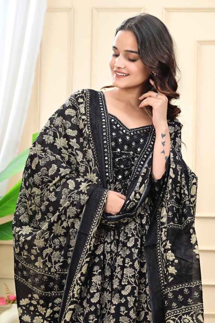 Unique Mirror Work Printed Black Kurta Set For Women