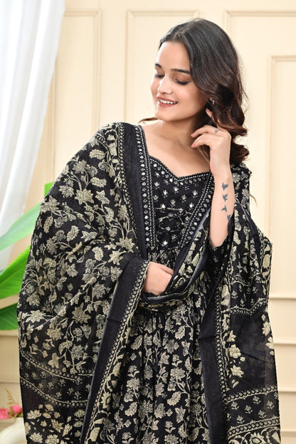 Unique Mirror Work Printed Black Kurta Set For Women