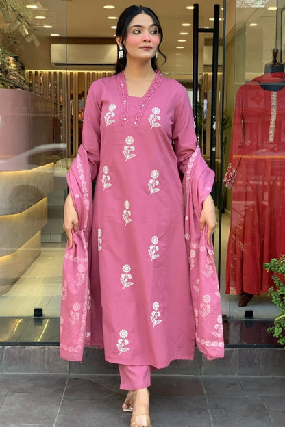 Cotton Flower Printed Straight Kurta Set for Women