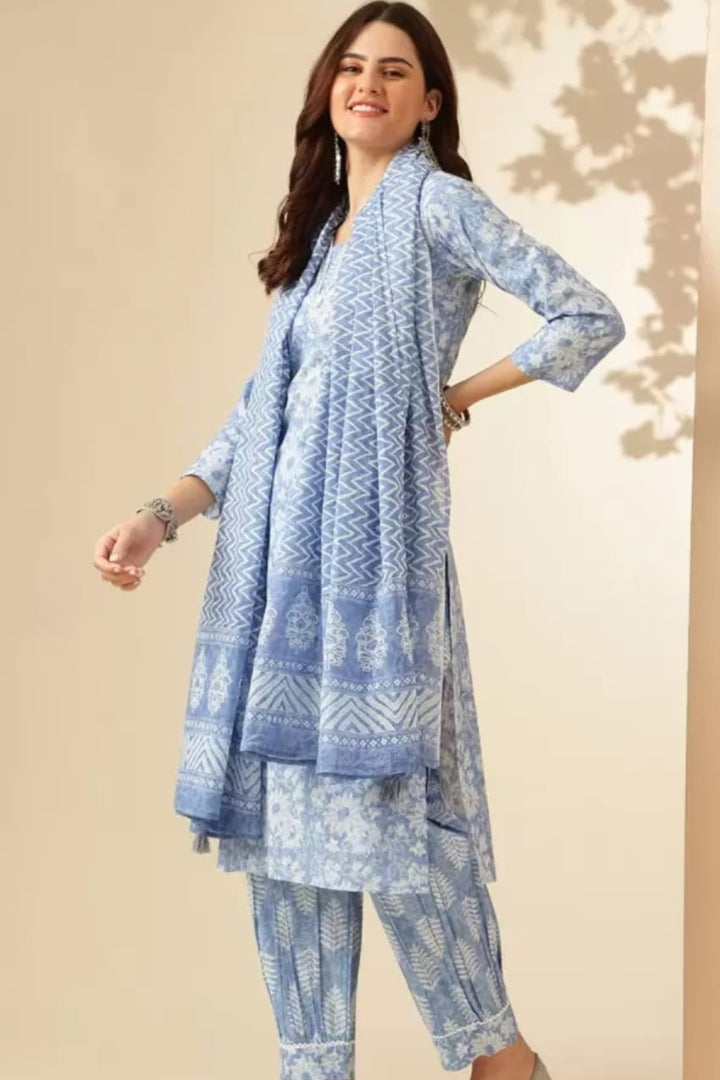 Blue Flower Printed Cotton Straight Kurta Set for Women