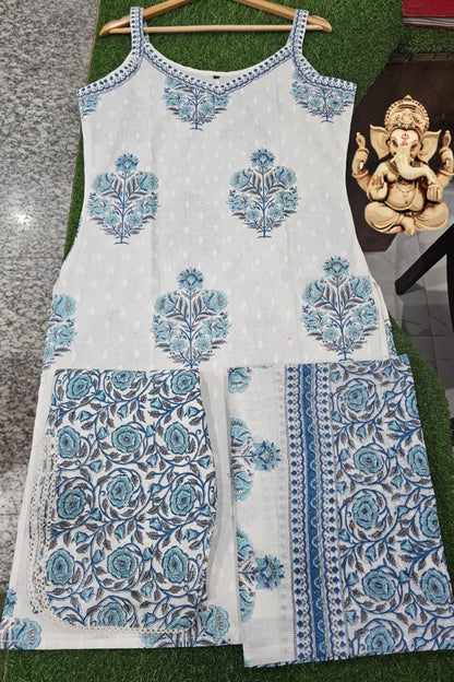 White Cotton Sleeveless Straight Printed Kurta Set for Women