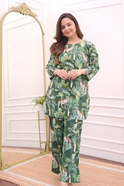 Green Floral Pattern Cotton Co-Ord Set For Women