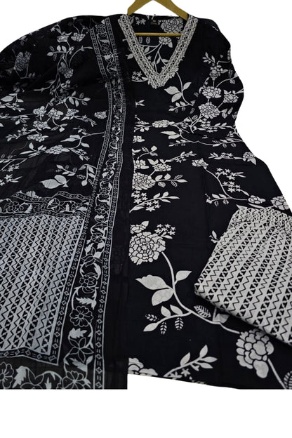 Royal Black Flower Printed Cotton Straight Kurta Set for Women