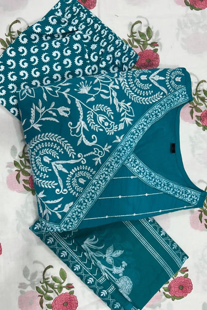 Premium Color Floral Embroidery Cotton Blue Kurta Set For Women