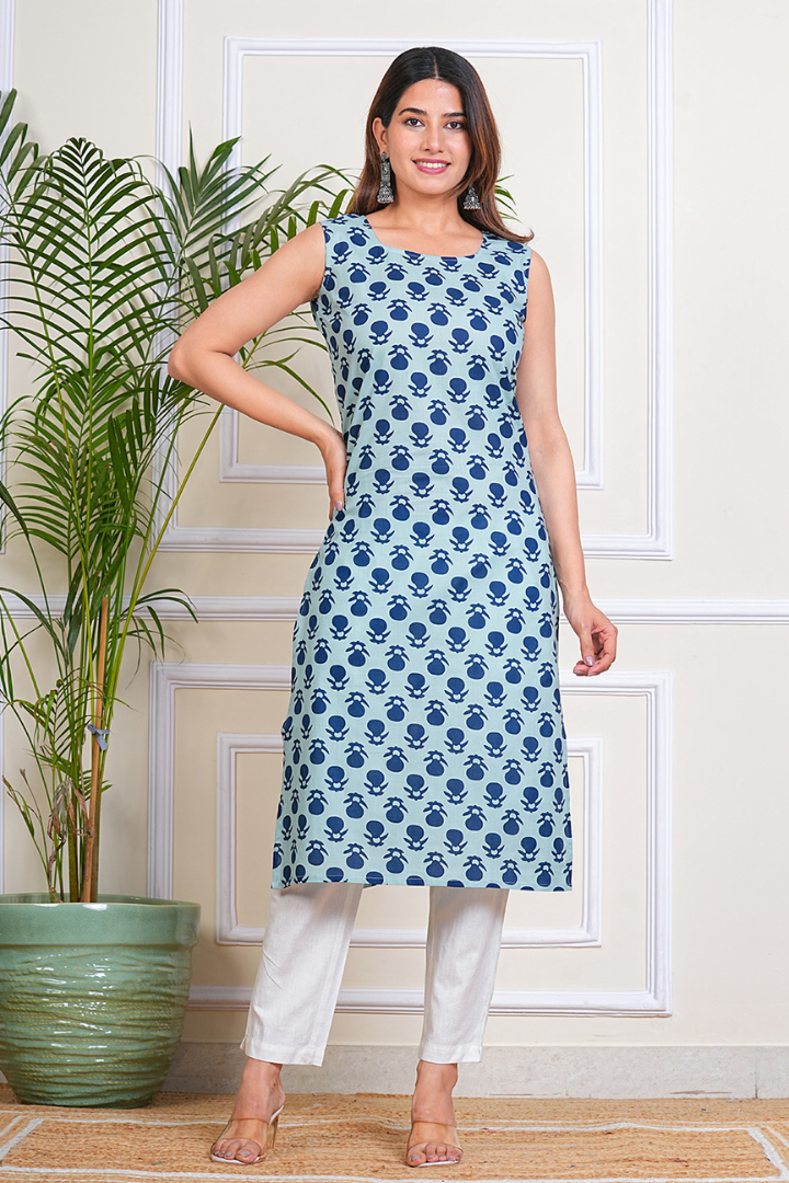 Women's Cotton Printed Straight Sleeveless Kurta For Woman