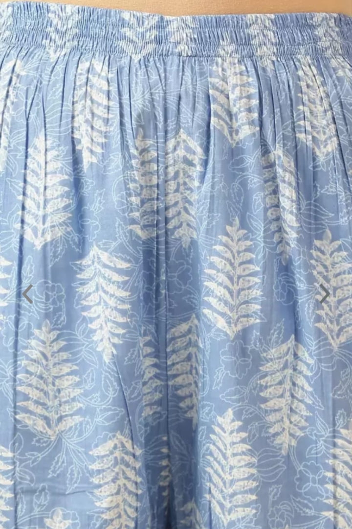 Blue Flower Printed Cotton Straight Kurta Set for Women