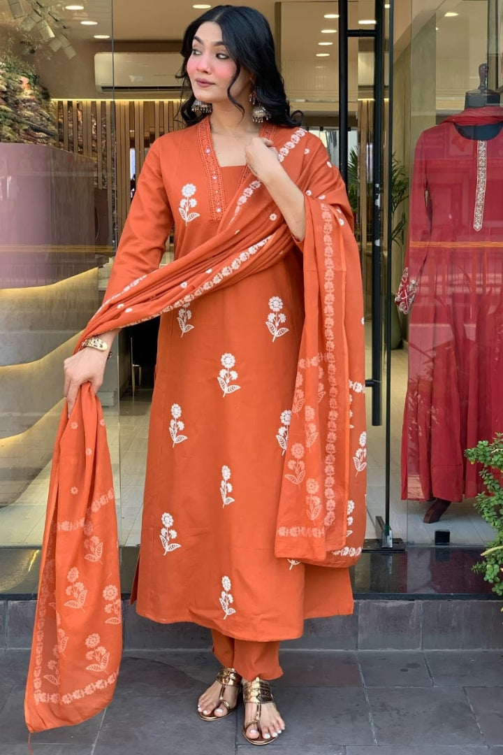 Cotton Flower Printed Straight Kurta Set for Women