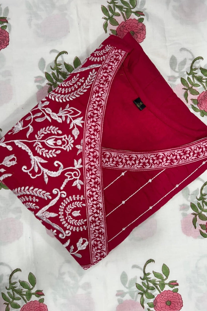Premium Color Embroidered Cotton Pink Kurta Set For Women
