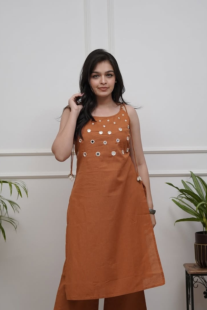 Real Mirror Work With Dori Embroidered Orange Cotton Co-Ord Set For Women