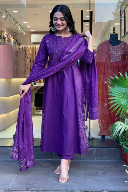 Cotton Purple Straight Kurta Set for Women