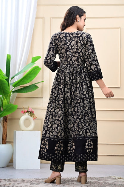 Unique Mirror Work Printed Black Kurta Set For Women