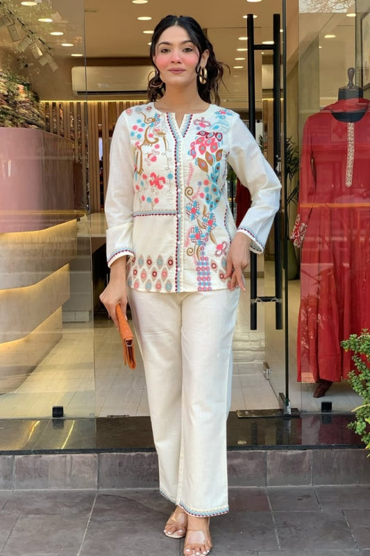 Unique Floral Embroidered Cotton White Co-Ord Set For Women