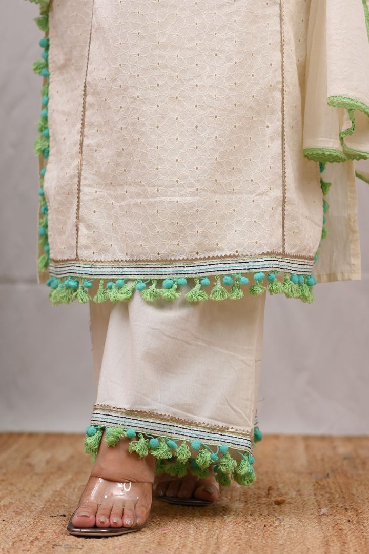 White Cotton Embroidered Straight Kurta Set for Women