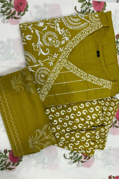 Premium Color Embroidered Cotton Green Kurta Set For Women