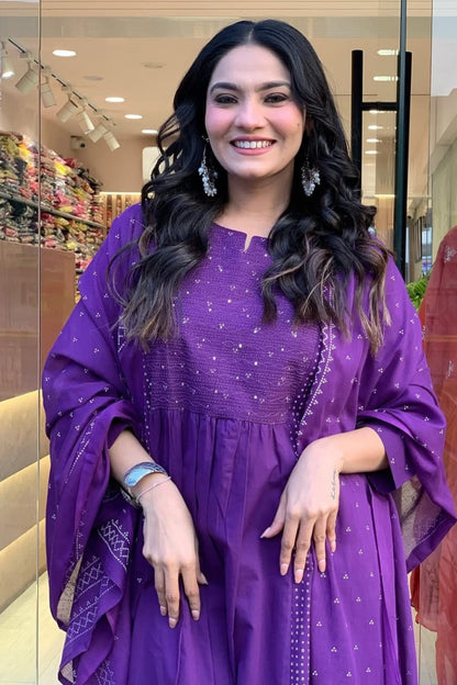 Cotton Purple Straight Kurta Set for Women