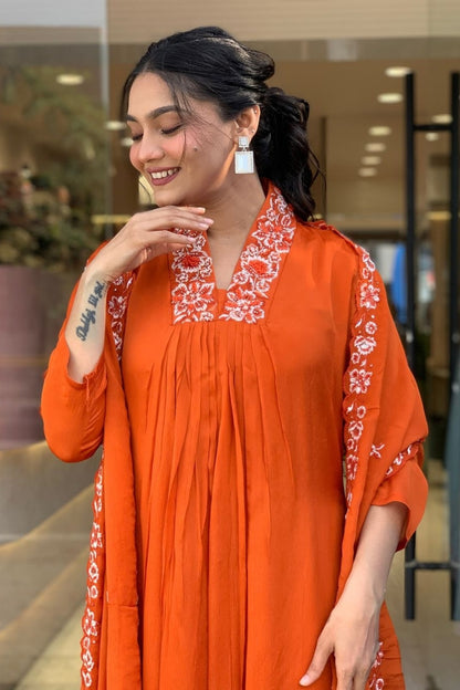 Cotton Embroidered Print Straight Kurta Set for Women