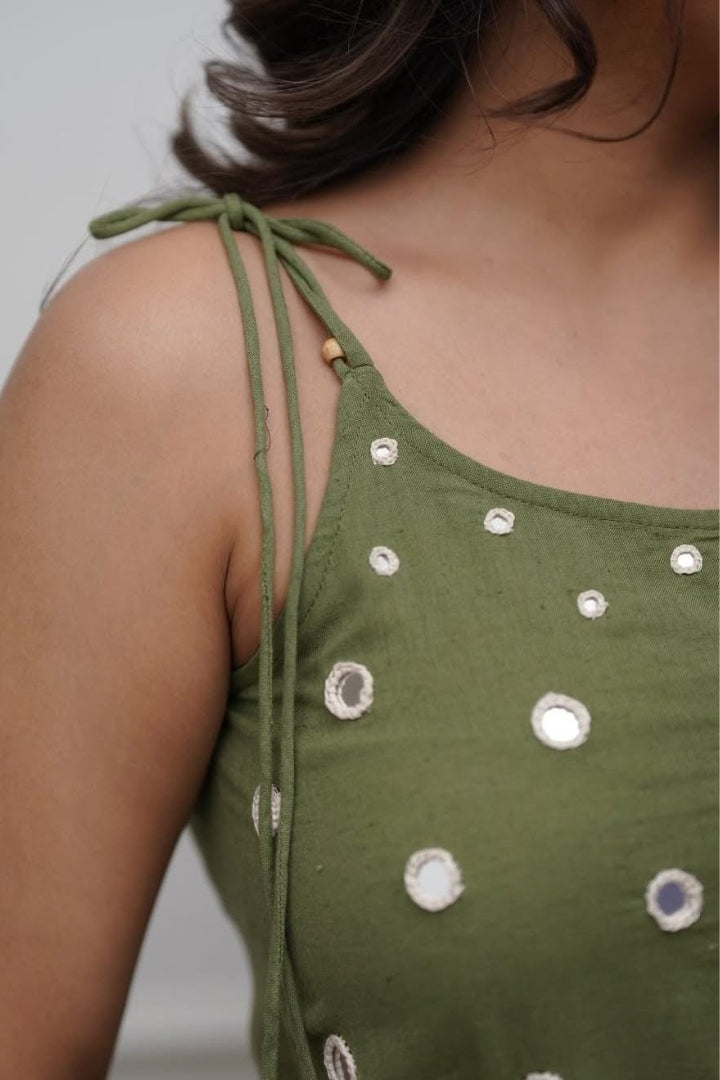 Real Mirror Work With Dori Embroidered Cotton Green Co-Ord Set For Women
