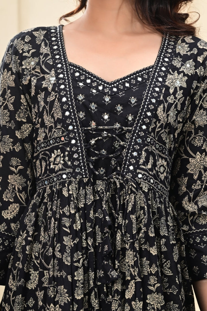Unique Mirror Work Printed Black Kurta Set For Women