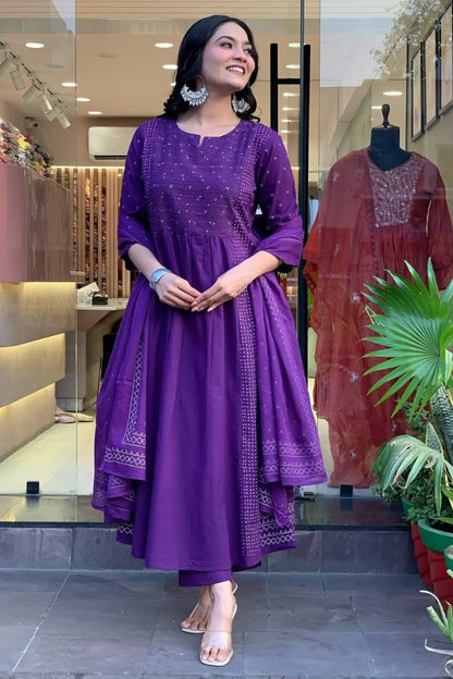 Cotton Purple Straight Kurta Set for Women