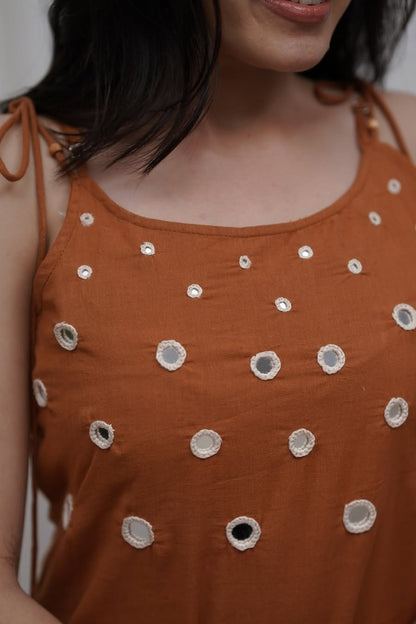 Real Mirror Work With Dori Embroidered Orange Cotton Co-Ord Set For Women
