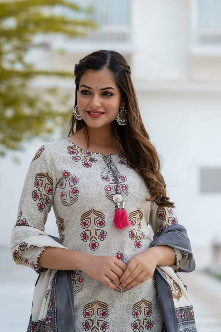 White Cotton Printed Straight Kurta Set for Women