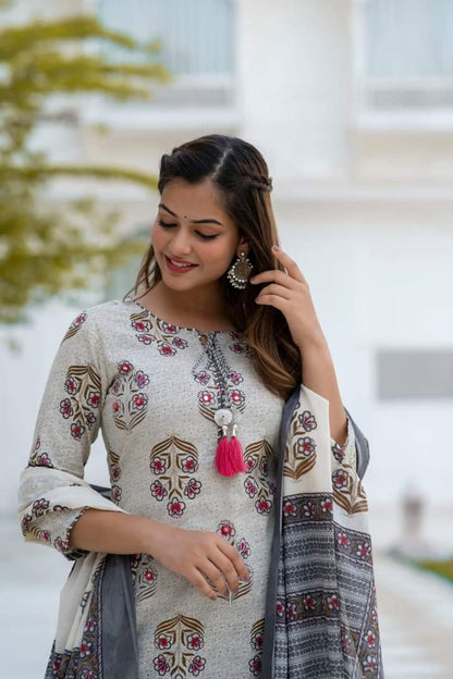 White Cotton Printed Straight Kurta Set for Women