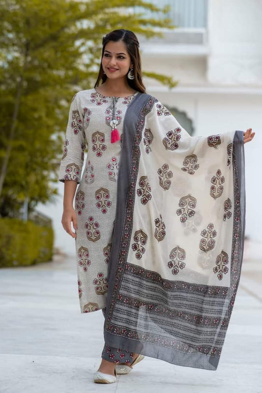 White Cotton Printed Straight Kurta Set for Women