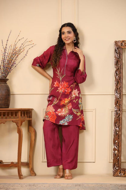 Maroon Flower Printed Cotton Co-Ord Set For Women
