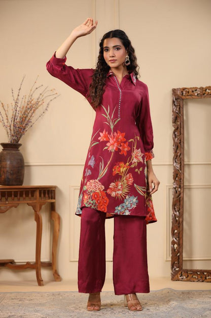 Maroon Flower Printed Cotton Co-Ord Set For Women
