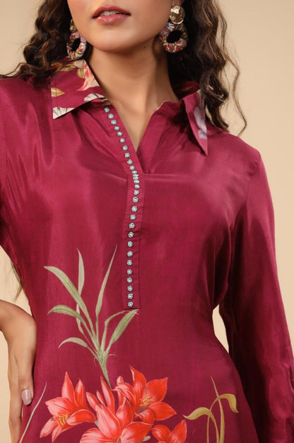 Maroon Flower Printed Cotton Co-Ord Set For Women