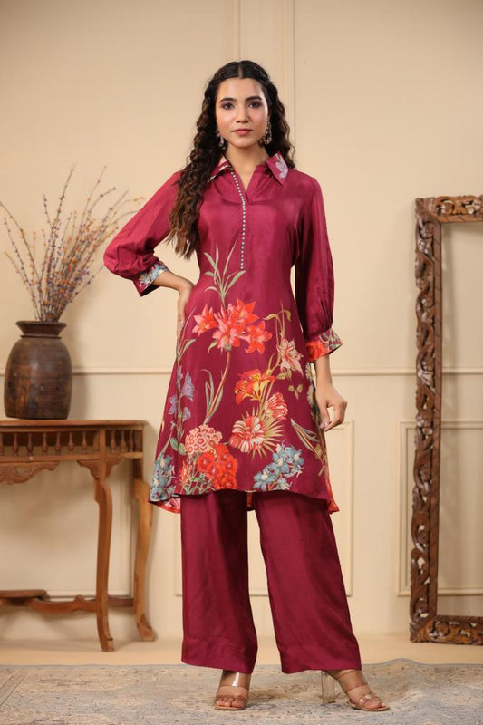Maroon Flower Printed Cotton Co-Ord Set For Women