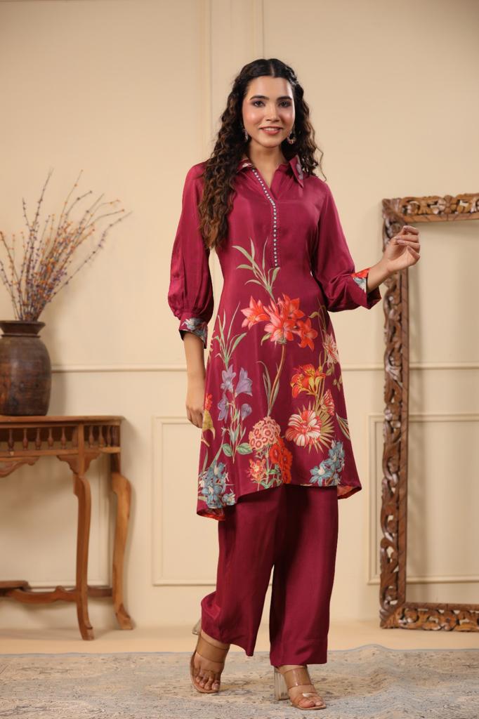Maroon Flower Printed Cotton Co-Ord Set For Women