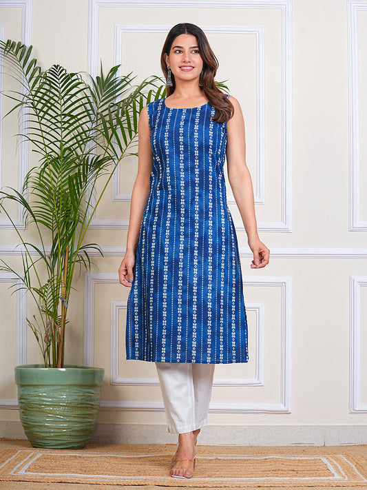 Women's Cotton Printed Straight Sleeveless Kurta for Woman