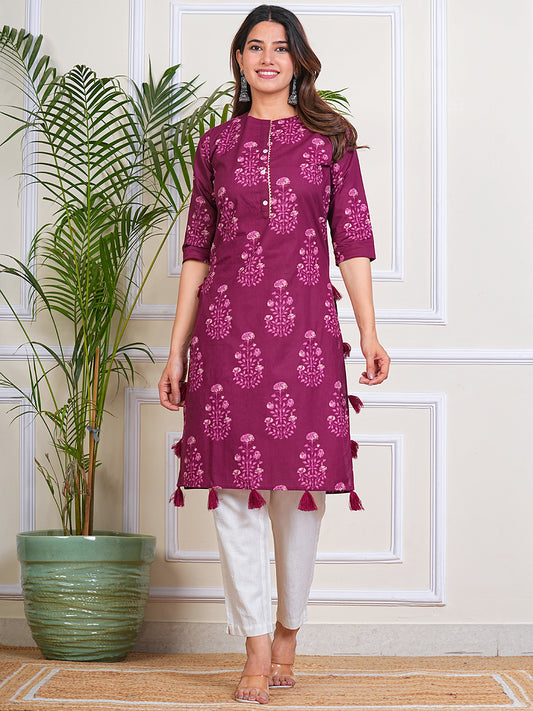 Women's Cotton Maroon Straight Printed Kurta for Woman