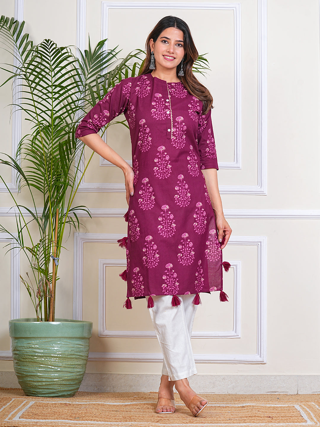 Women's Cotton Maroon Straight Printed Kurta for Woman