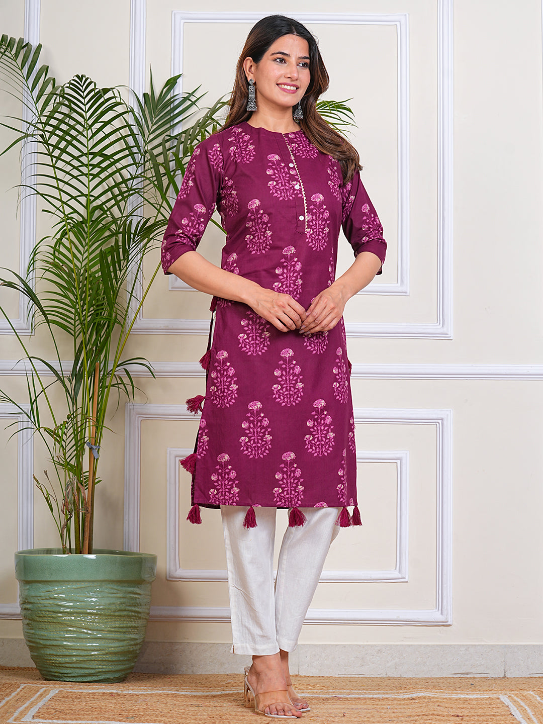 Women's Cotton Maroon Straight Printed Kurta for Woman