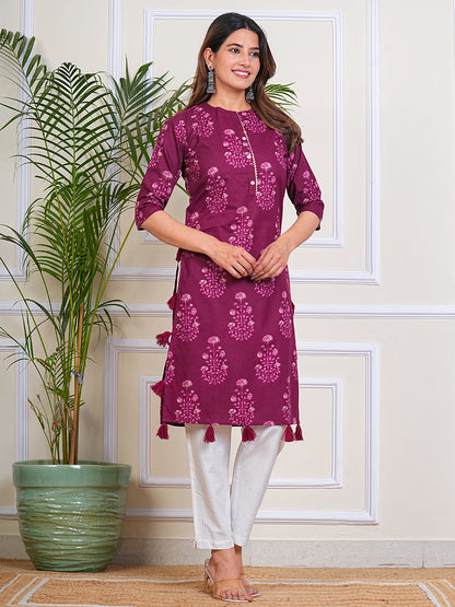 Women's Cotton Maroon Straight Printed Kurta for Woman