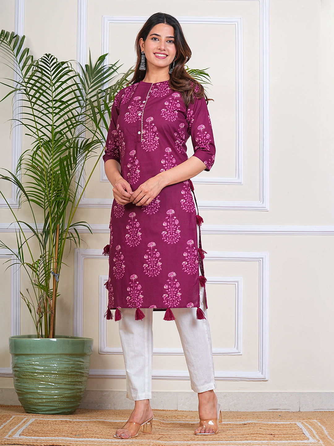 Women's Cotton Maroon Straight Printed Kurta for Woman