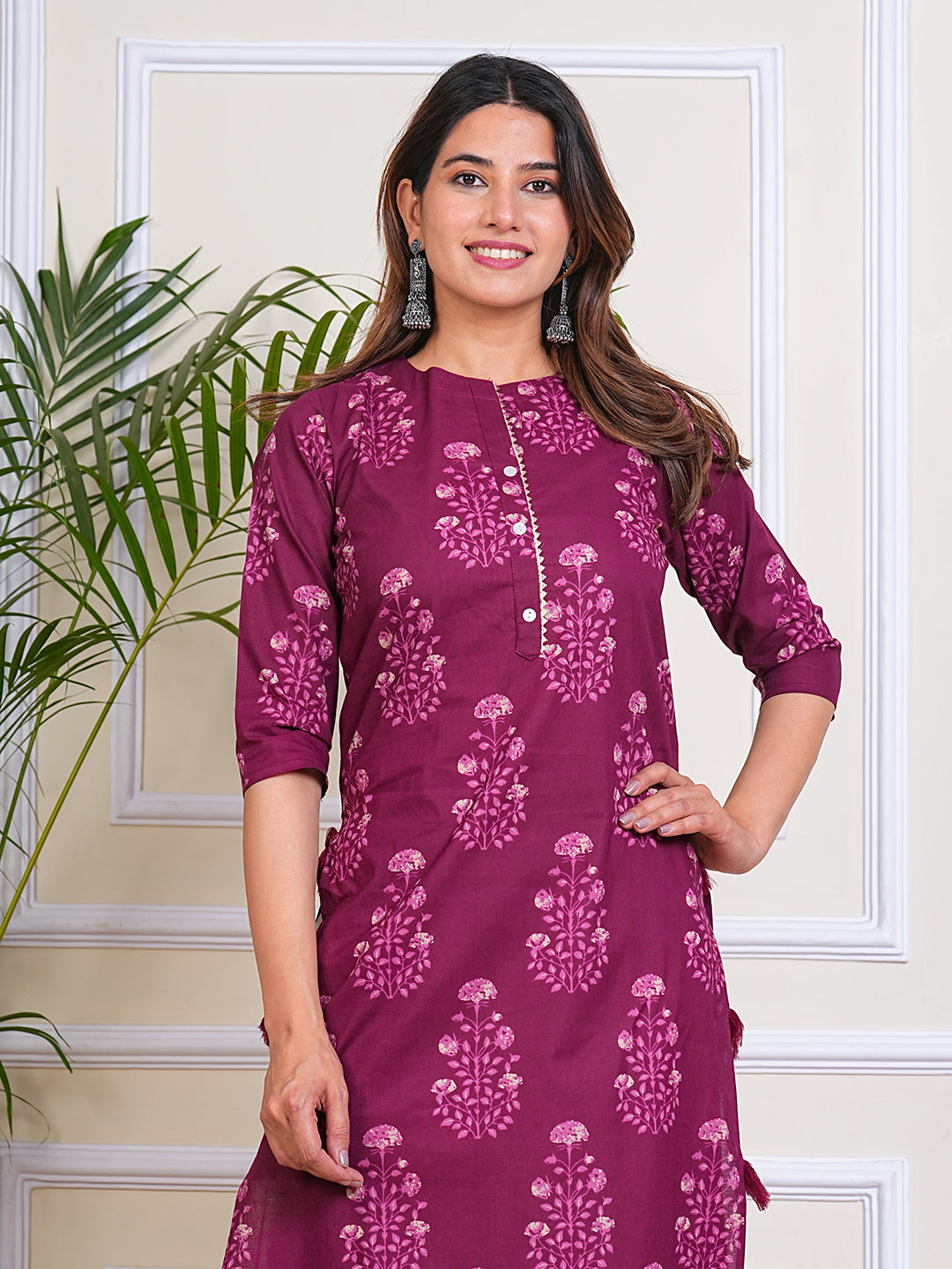 Women's Cotton Maroon Straight Printed Kurta for Woman