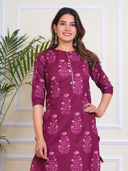 Women's Cotton Maroon Straight Printed Kurta for Woman